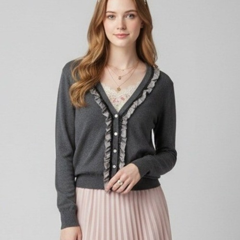 Mystree Cardigan Women Medium Gray Button Front Ruffle Trim Cotton Balletcore‎
